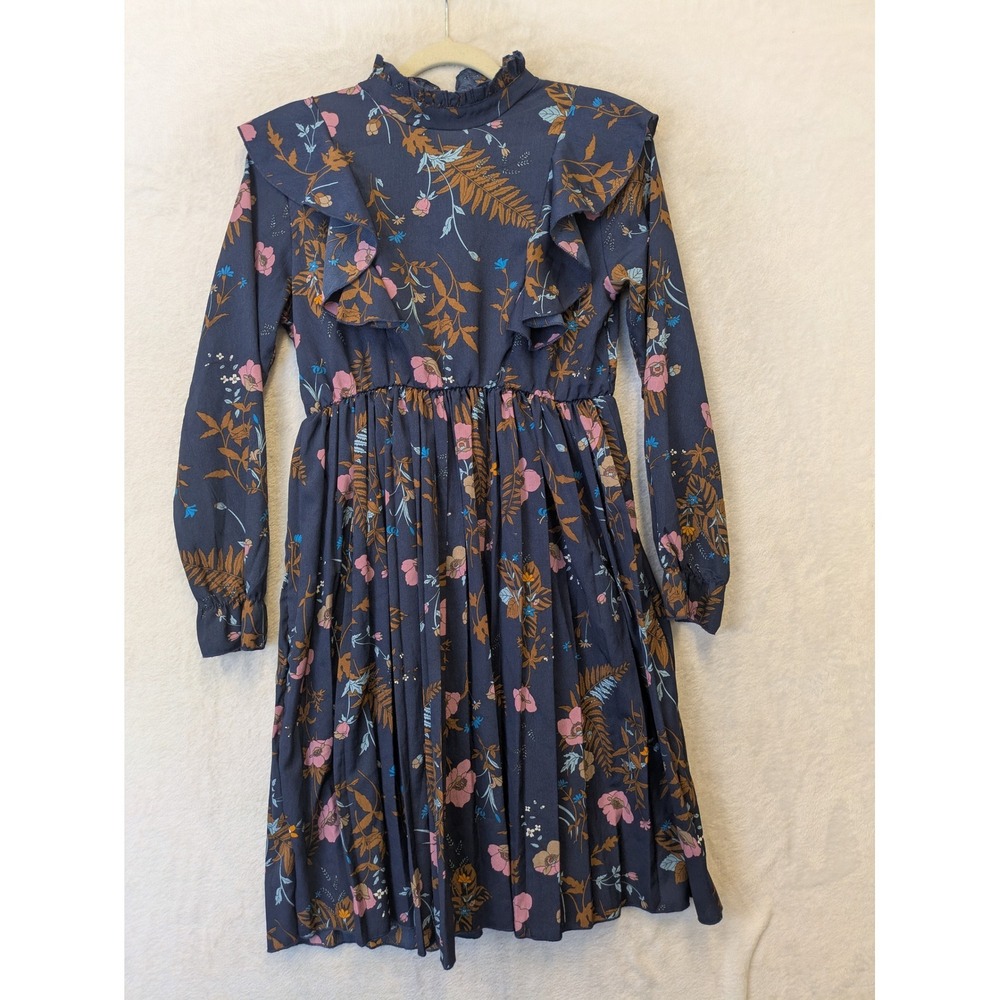 SHEIN Girl's Size 11-12Y Navy‎ Blue Floral Pleated Dress Ruffle High Neck Modest